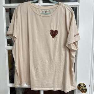 Lucky Brand Sequin Heart Graphic Tee - Beige - Size 2X